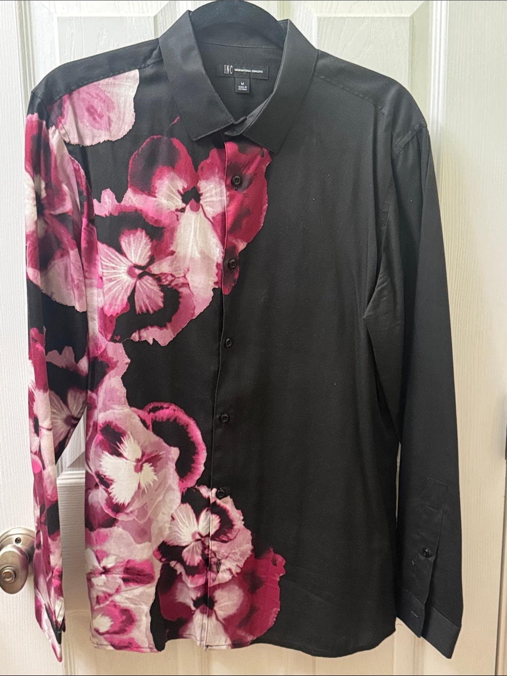 INC International Concepts Black Shirt with Pink Floral Accents